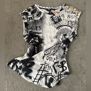 Balmain Black & White Graffiti Button-Shoulder Top